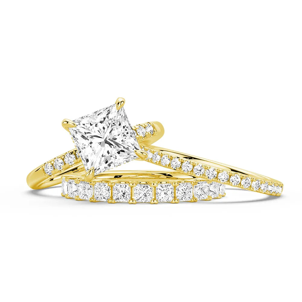 Princess Cut Hidden Halo Moissanite Ring Set with Matching Stacking Band
