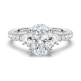 Three Stone Oval & Half Moon Moissanite Engagement Ring with Pavé Band