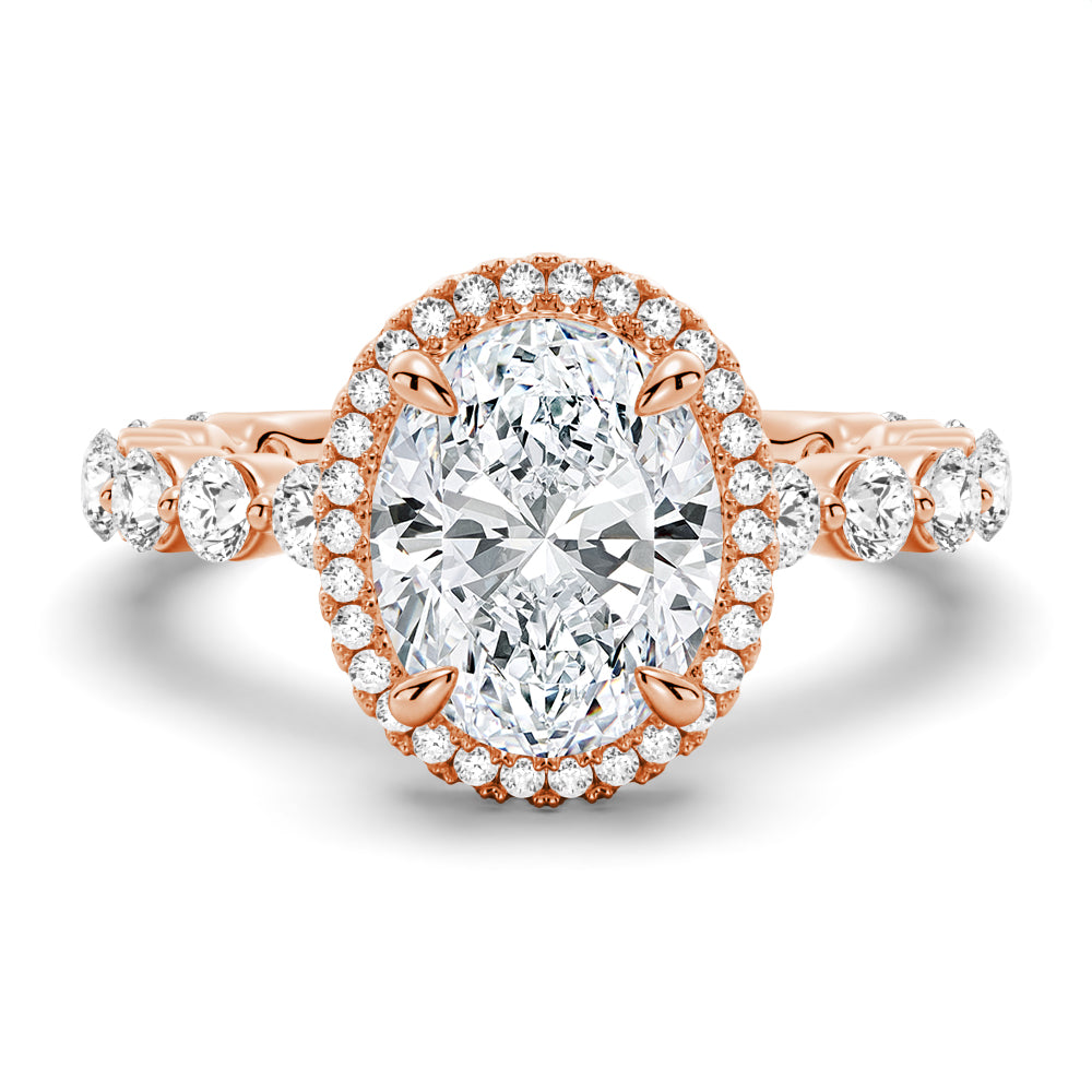 Oval Cut Halo Engagement Ring with Pavé Shared Prong Band