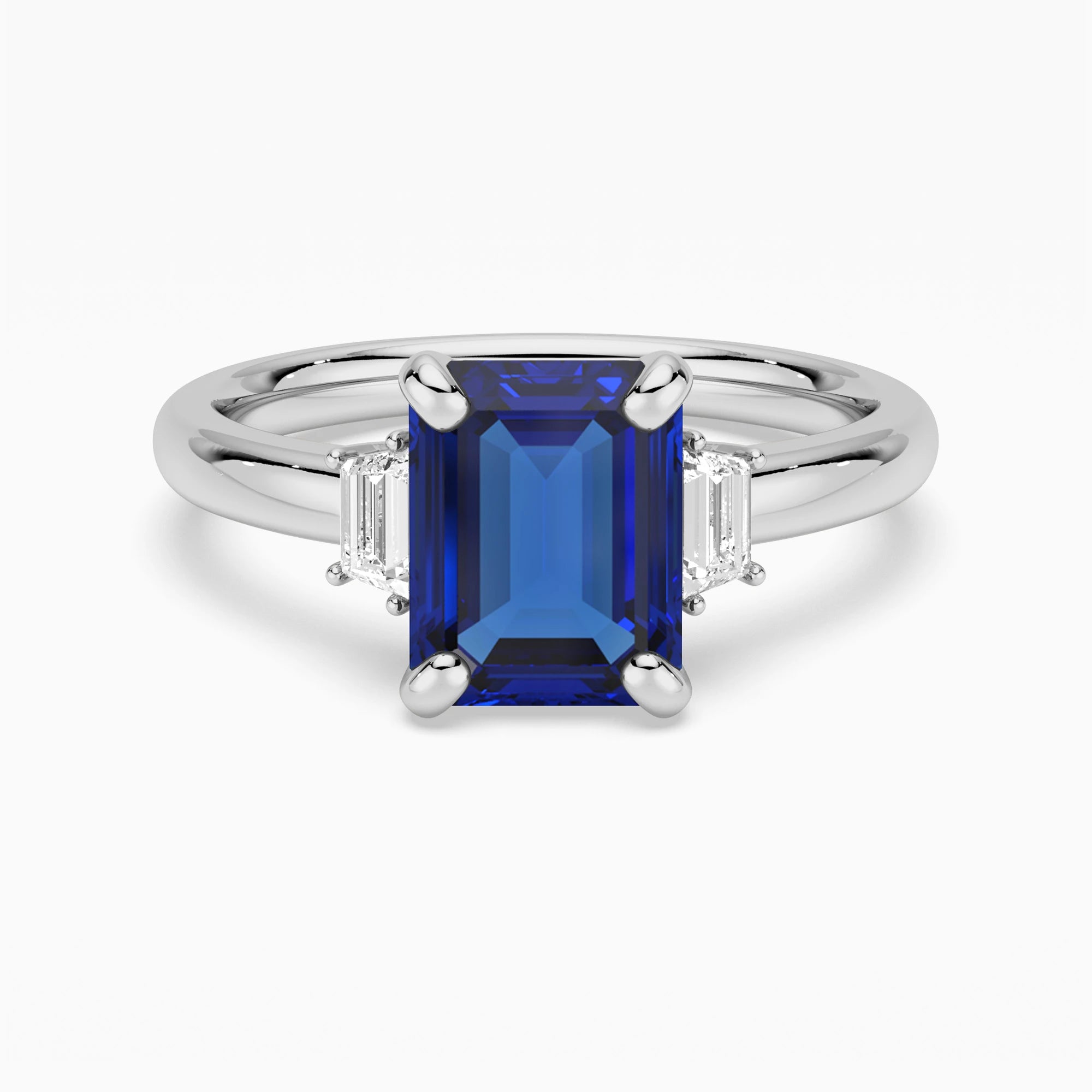 Emerald Cut Blue Sapphire and White Sapphire Three Stone Ring