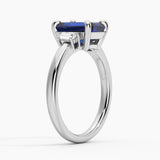 Emerald Cut Blue Sapphire and White Sapphire Three Stone Ring