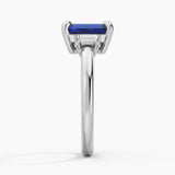 Emerald Cut Blue Sapphire and White Sapphire Three Stone Ring