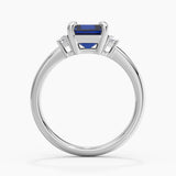 Emerald Cut Blue Sapphire and White Sapphire Three Stone Ring