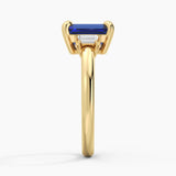 Emerald Cut Blue Sapphire and White Sapphire Three Stone Ring