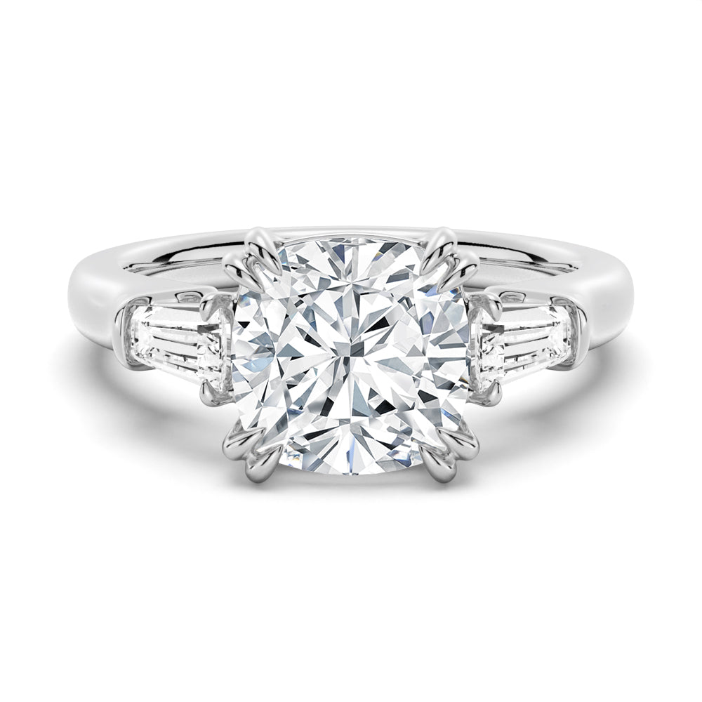 14K White Gold Cushion-Cut Moissanite Engagement Ring with Tapered Baguette Side Stones