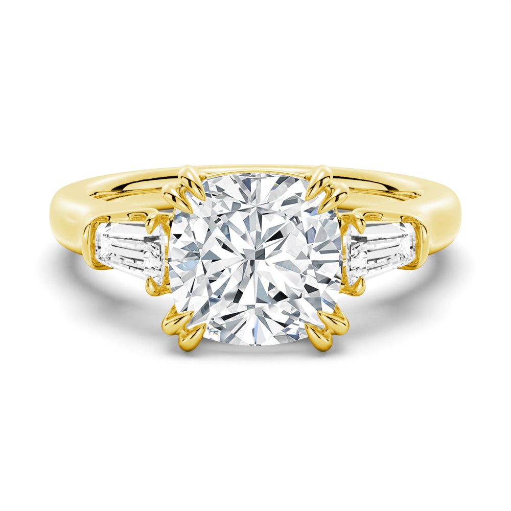 Cushion-Cut Moissanite Engagement Ring with Tapered Baguette Side Stones