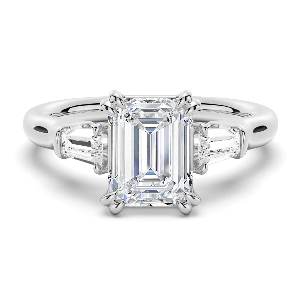 14K White Gold Emerald-Cut Moissanite Engagement Ring with Tapered Baguette Stones