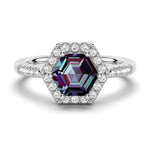 1.5 CT. Hexagon Cut Alexandrite Engagement Ring With Moissanite Halo Pavé - MSBLUE Jewelry