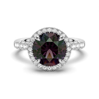 3 CT. Round Cut Alexandrite Engagement Ring With Moissanite Halo Pavé