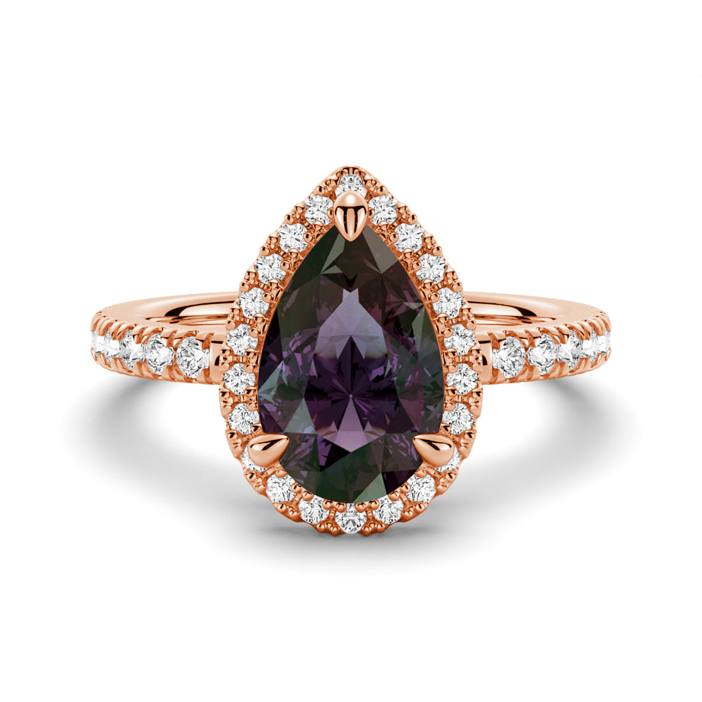 3 CT. Pear Shaped Alexandrite Engagement Ring With Moissanite Halo Pavé