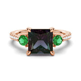3 CT. Princess Cut Alexandrite Engagement Ring With Emerald Side Stones