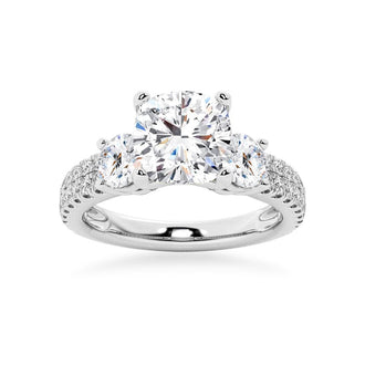 NEW Double Row Pave Three Stone Cushion Cut Engagement Ring - MSBLUE Jewelry