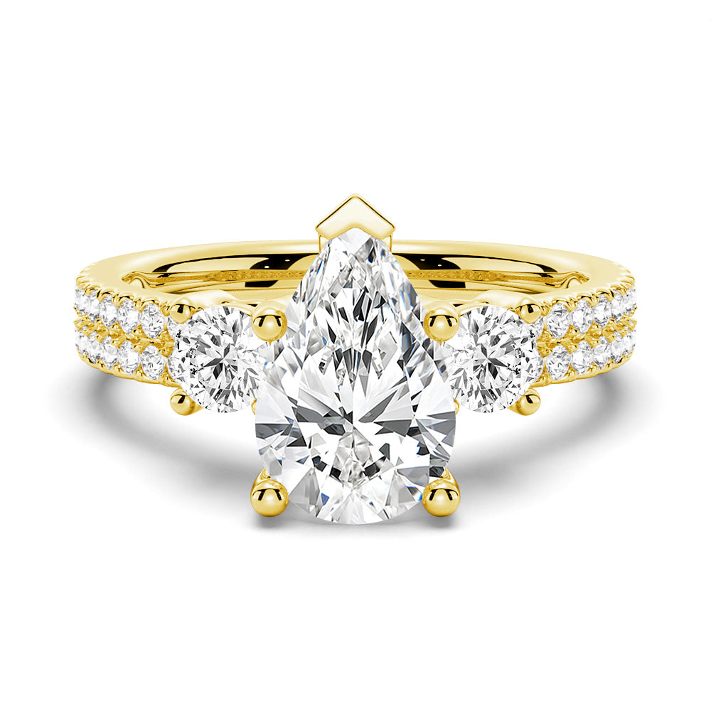 Double Row Pave Three Stone Pear Shaped Engagement Ring