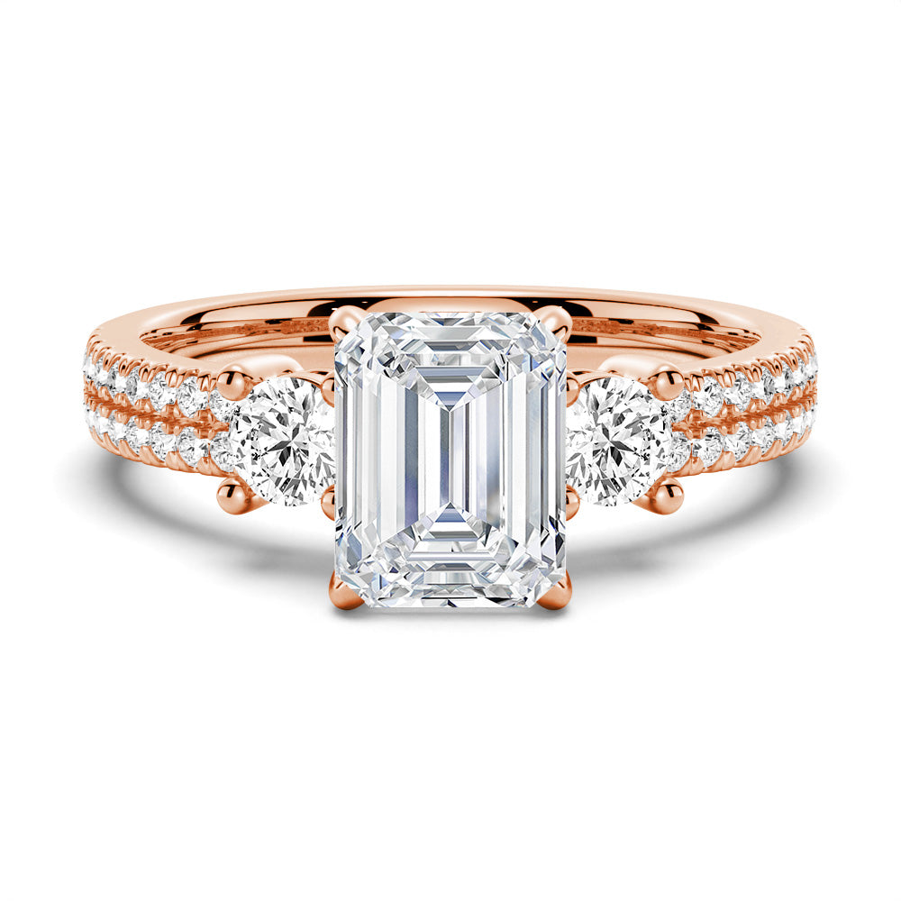 NEW Double Row Pave Three Stone Emerald Cut Moissanite Engagement Ring