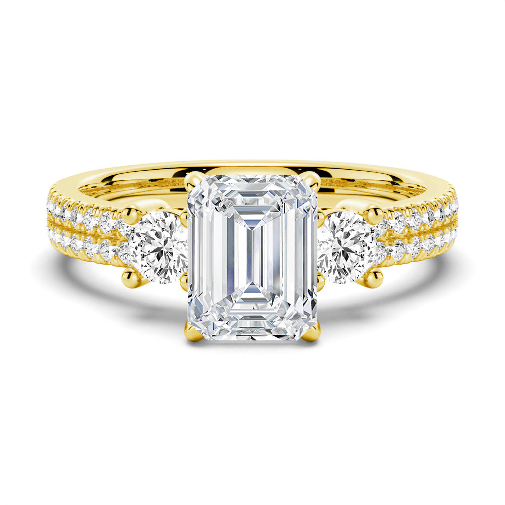 NEW Double Row Pave Three Stone Emerald Cut Moissanite Engagement Ring