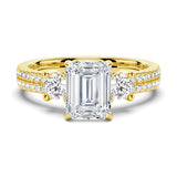 Double Row Pave Three Stone Emerald Cut Engagement Ring