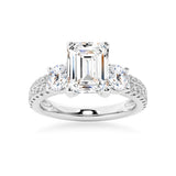 NEW Double Row Pave Three Stone Emerald Cut Moissanite Engagement Ring