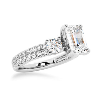 Double Row Pave Three Stone Emerald Cut Engagement Ring - MSBLUE Jewelry