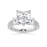 NEW Double Row Pave Three Stone Heart Shaped Moissanite Engagement Ring