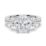 Double Row Pave Three Stone Oval Cut Engagement Ring