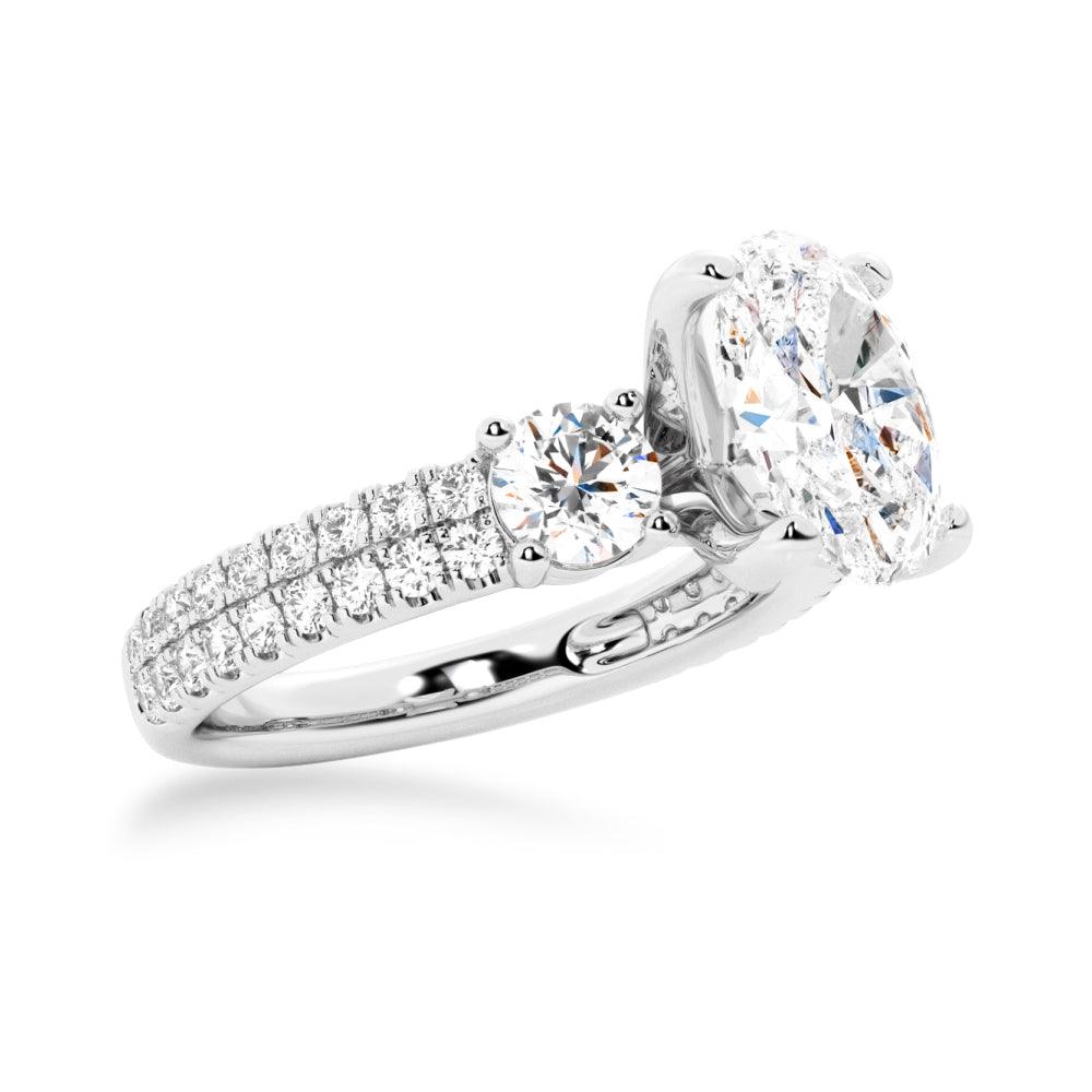 Double Row Pave Three Stone Oval Cut Engagement Ring - MSBLUE Jewelry