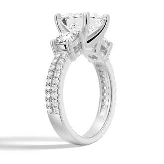 Double Row Pave Three Stone Princess Cut Engagement Ring - MSBLUE JEWELRY