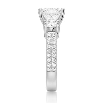 Double Row Pave Three Stone Princess Cut Engagement Ring - MSBLUE JEWELRY