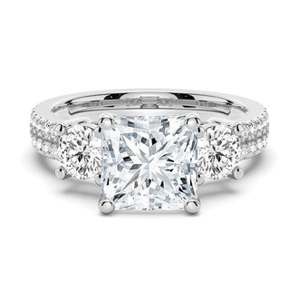 Double Row Pave Three Stone Princess Cut Engagement Ring - MSBLUE JEWELRY