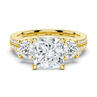 Double Row Pave Three Stone Princess Cut Engagement Ring - MSBLUE JEWELRY