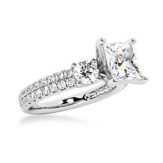 Double Row Pave Three Stone Princess Cut Engagement Ring - MSBLUE Jewelry