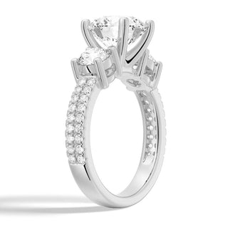 Double Row Pave Three Stone Round Cut Engagement Ring - MSBLUE JEWELRY