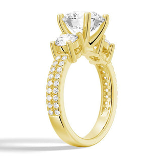 Double Row Pave Three Stone Round Cut Engagement Ring - MSBLUE JEWELRY