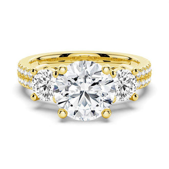 Double Row Pave Three Stone Round Cut Engagement Ring - MSBLUE JEWELRY