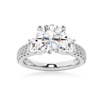 Double Row Pave Three Stone Round Cut Engagement Ring - MSBLUE Jewelry