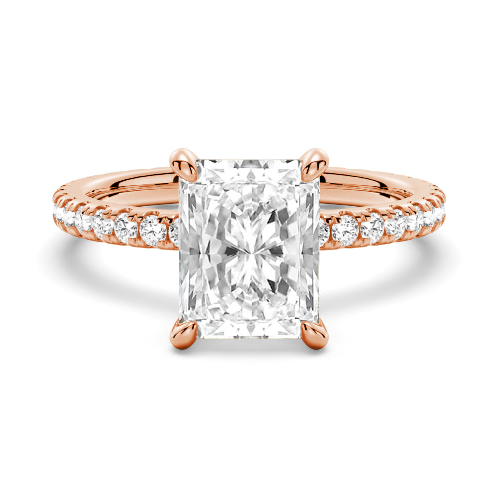 Radiant Cut Moissanite Engagement Ring With Eternity Pave Shank