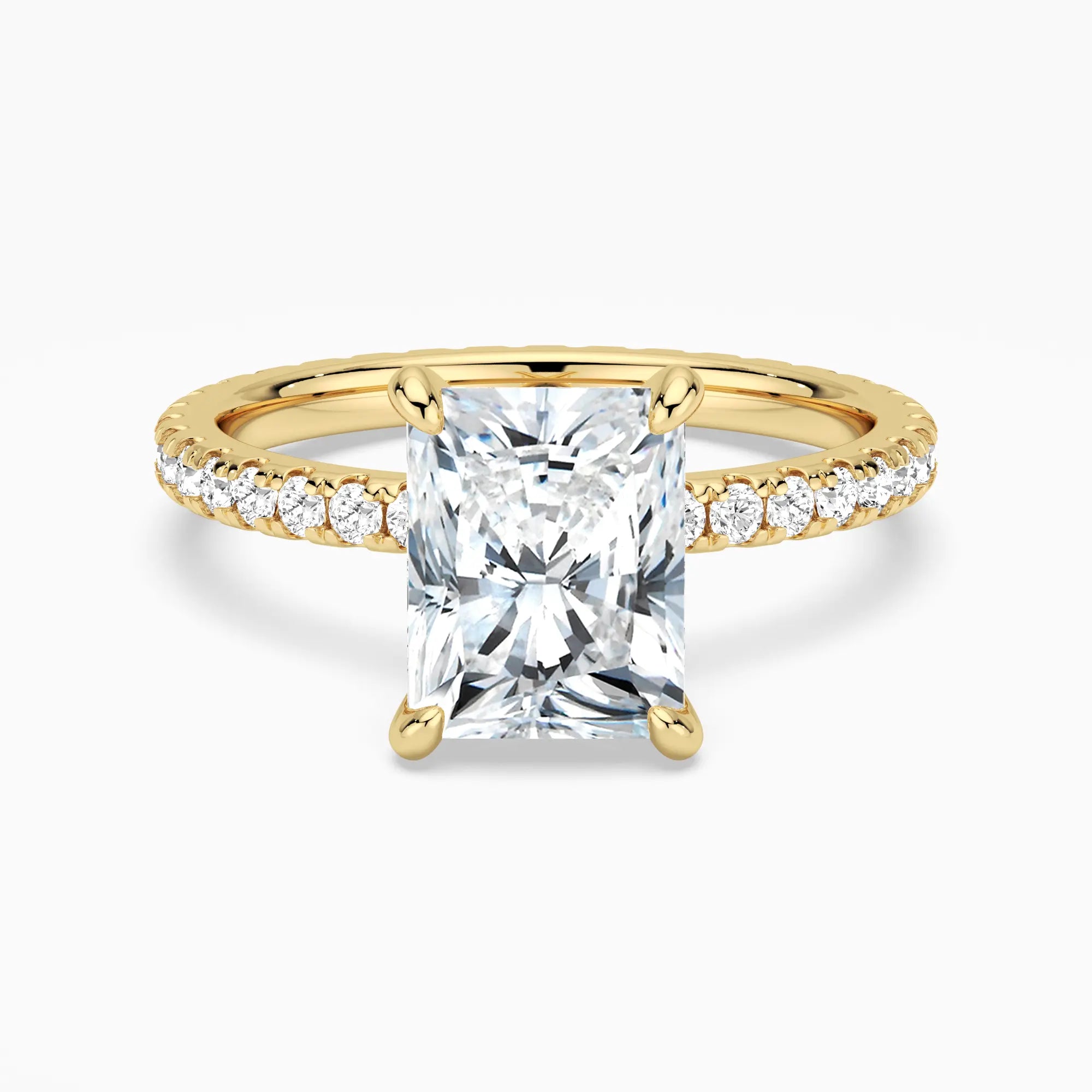 Radiant Cut Moissanite Engagement Ring With Eternity Pave Shank