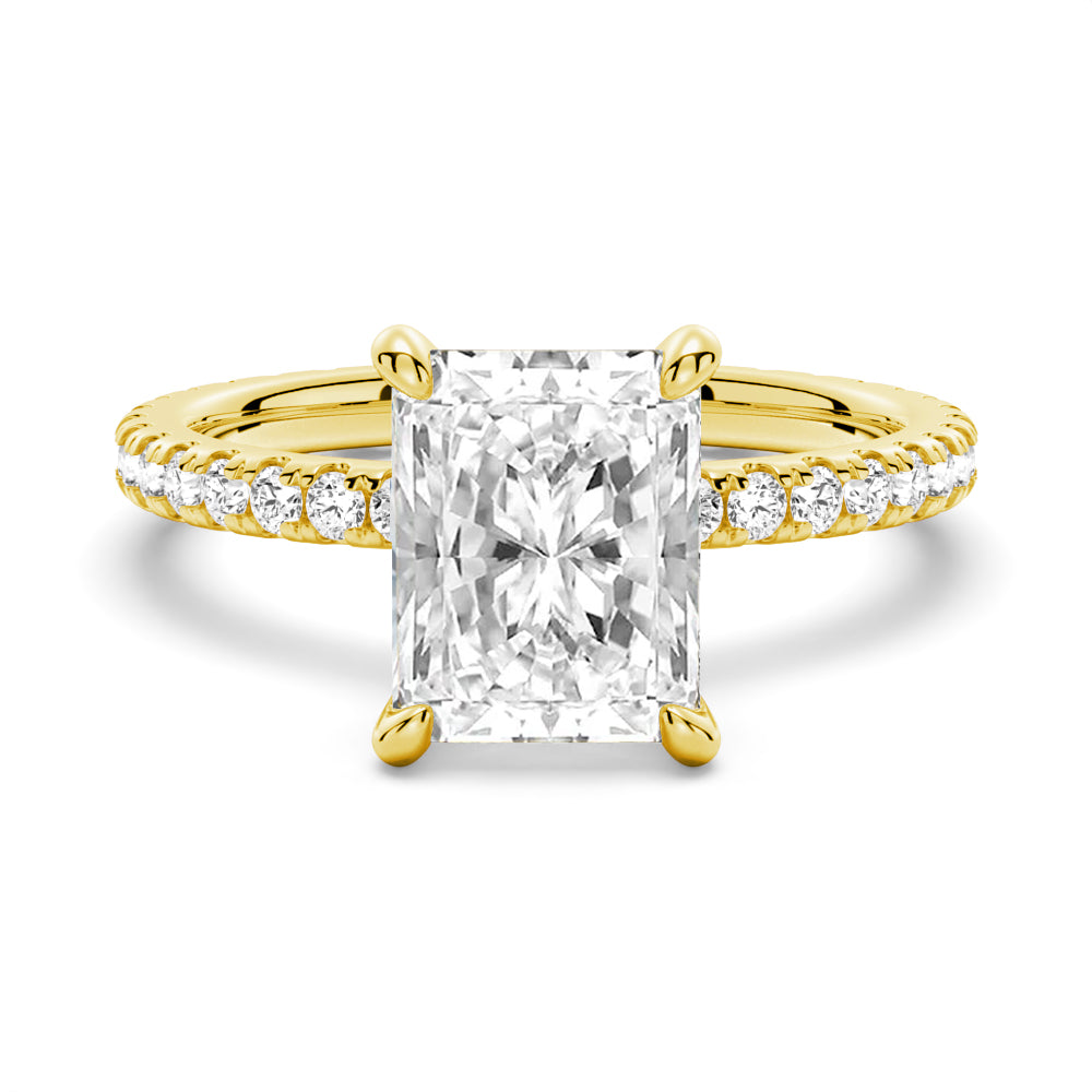 Radiant Cut Moissanite Engagement Ring With Eternity Pave Shank