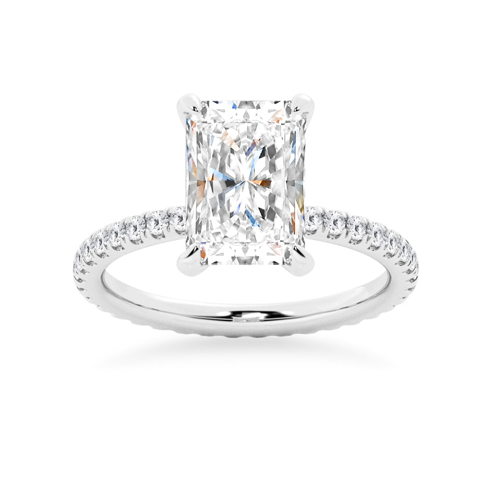 Radiant Cut Moissanite Engagement Ring With Eternity Pave Shank