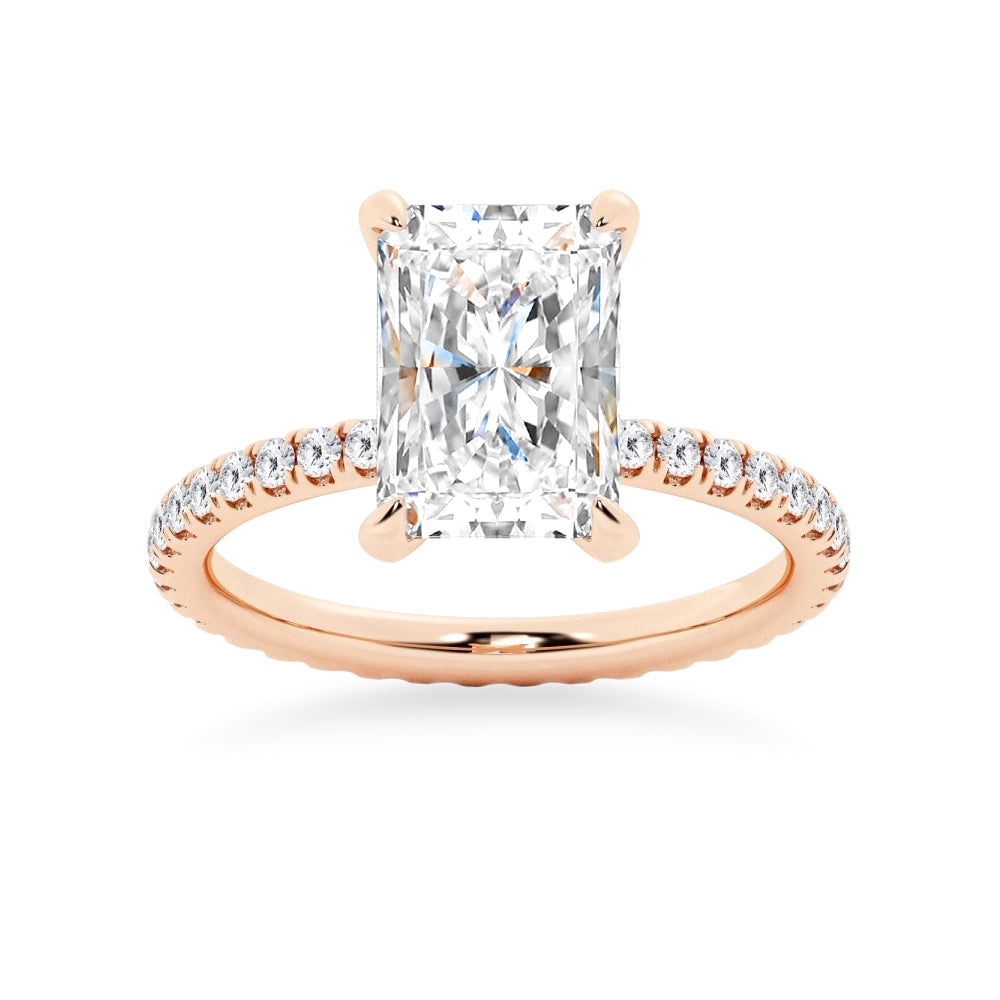 Radiant Cut Moissanite Engagement Ring With Eternity Pave Band
