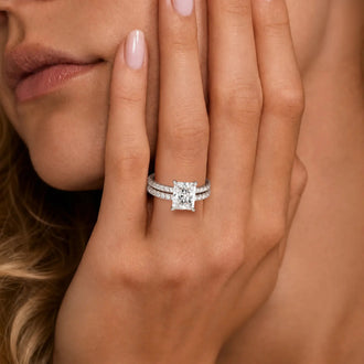 Solitaire Radiant Cut Moissanite Ring Set with Matching Wedding Band
