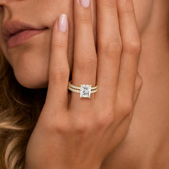 Solitaire Radiant Cut Moissanite Ring Set with Matching Wedding Band