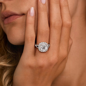 Cushion Cut Split Shank Moissanite Halo Engagement Ring
