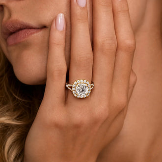 Cushion Cut Split Shank Moissanite Halo Engagement Ring