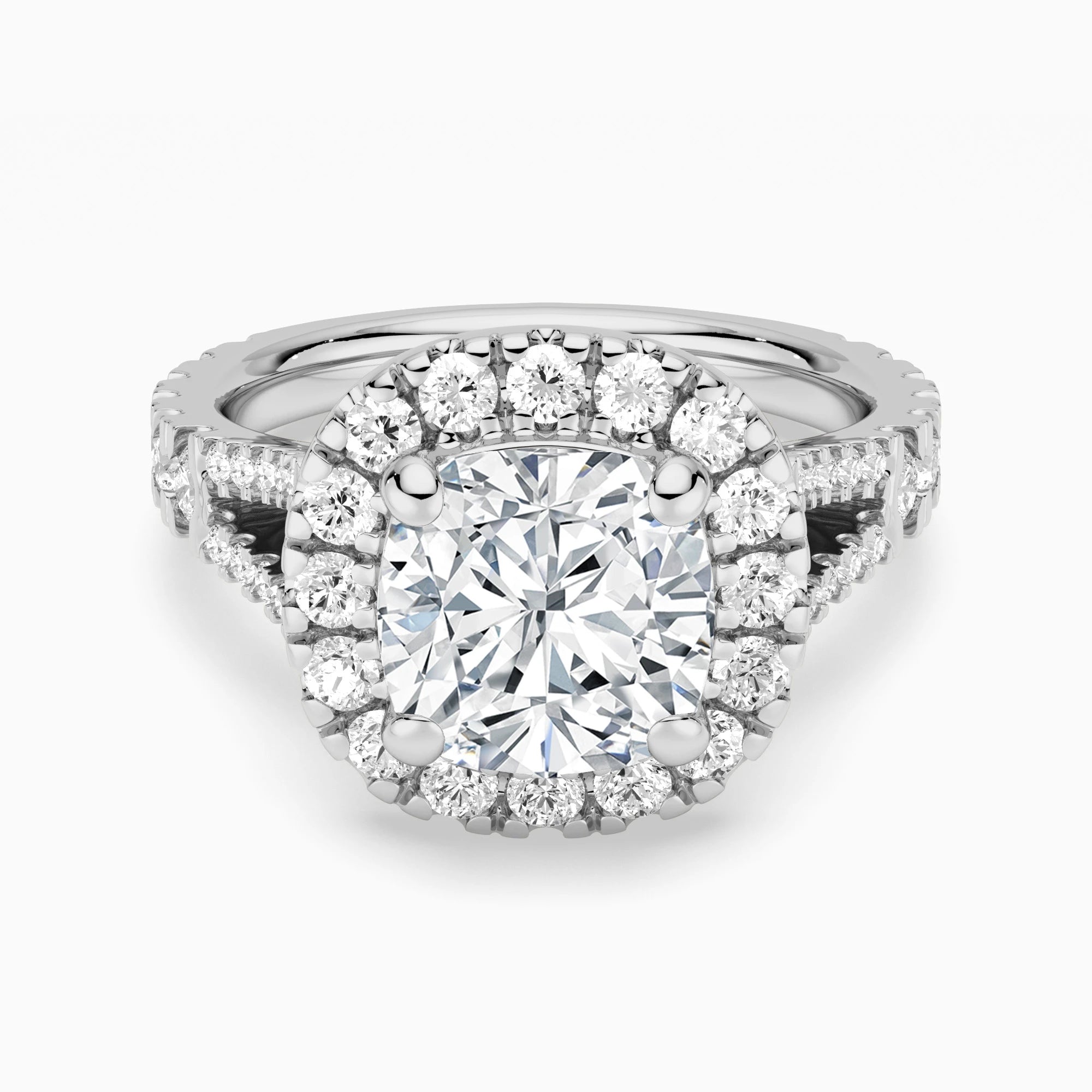 Cushion Cut Split Shank Moissanite Halo Engagement Ring