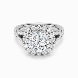 Cushion Cut Split Shank Moissanite Halo Engagement Ring