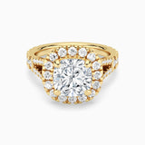 Cushion Cut Split Shank Moissanite Halo Engagement Ring