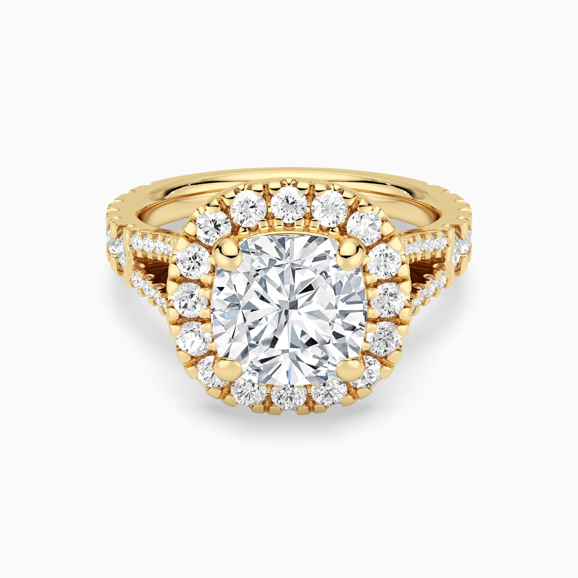 Cushion Cut Split Shank Moissanite Halo Engagement Ring