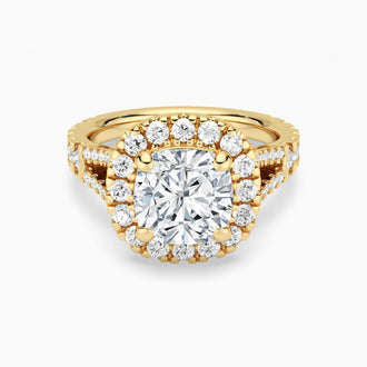 Cushion Cut Split Shank Moissanite Halo Engagement Ring