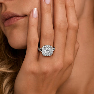 Princess Cut Split Shank Moissanite Halo Engagement Ring