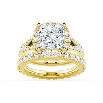 Princess Cut Split Shank Halo Moissanite Ring Set with Matching Wedding Band